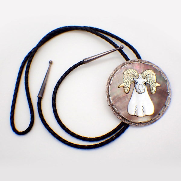 Effie Qualo Zuni Bighorn Bolo Tie Sterling Silver Abalone Shell Mother of Pearl