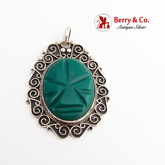 Large Tribal Pendant Carved Green Agate Ornate Fr… - image 1