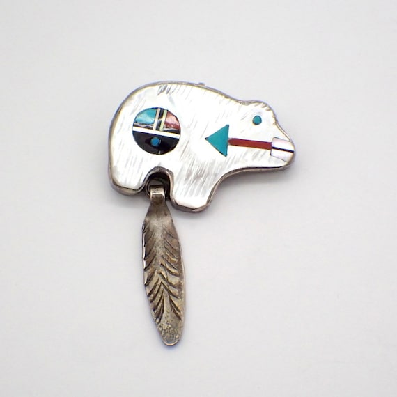 Zuni Bear Brooch Pendant MOP Gem Inlay Sterling S… - image 1