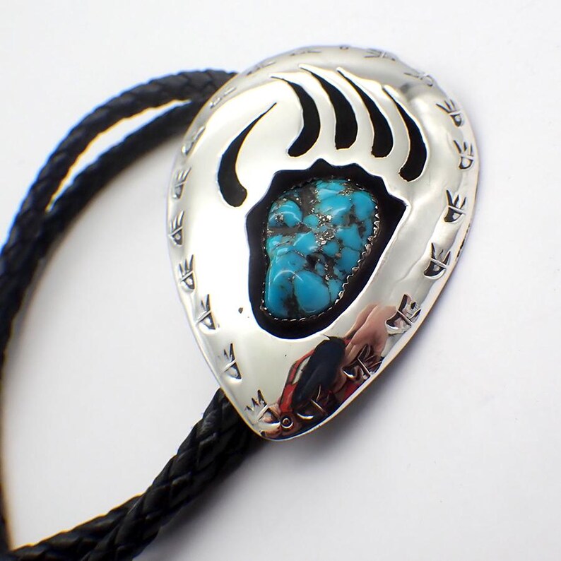 Bear Paw Shadow Box Bolo Tie Turquoise Sterling Silver Leather - Etsy