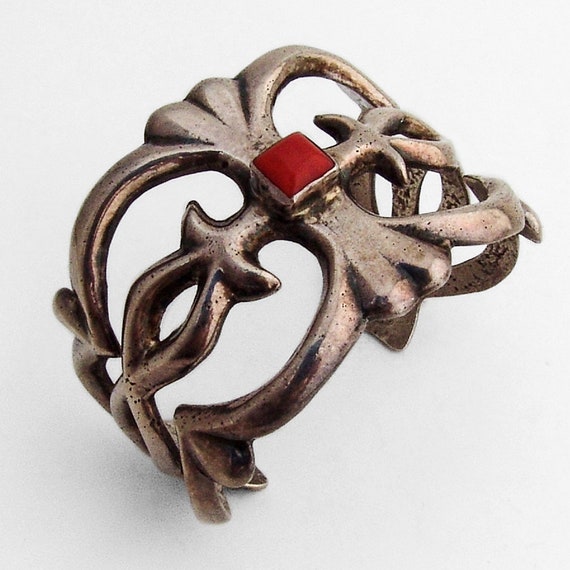 Navajo Sandcast Cuff Bracelet Coral Sterling Silv… - image 1