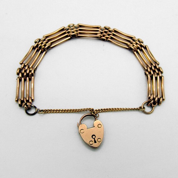 Wide Chain Bracelet Heart Padlock Clasp 9 K Yello… - image 2