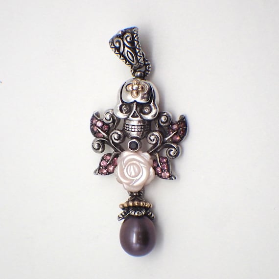 Barbara Bixby Skull Rose Pendant Pearl Tourmaline Sterling Silver 18K Gold