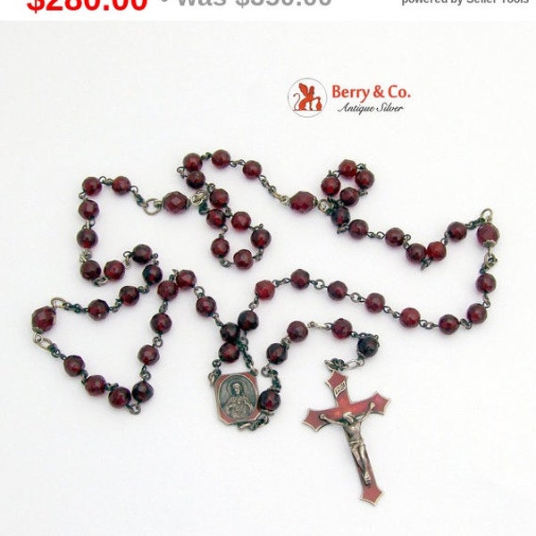 Antique Crucifix Rosary Necklace Sterling Silver Guilloche Enamel Garnet Glass