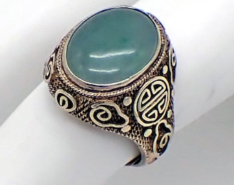 Green Jade Filigree Ring Chinese Silver Vermeil