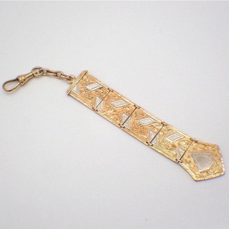 Ornate Panel Link Watch Fob Two Tone 14K Gold image 1
