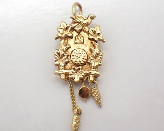 Cuckoo Clock Moving Charm Pendant 14K Yellow Gold