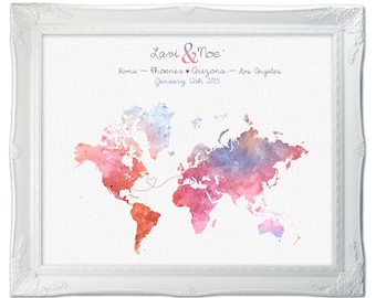 Custom world map - Wedding Map - Long Distance - Watercolor map - Relationship Poster Map - Anniversary gift - Adoption map