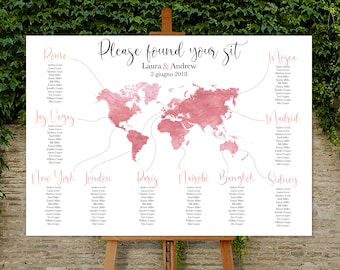 Printable Travel Theme Wedding Watercolor Table Plan - Travel World map - Personalized Printable - Please found your sit