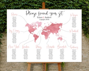 Printable Travel Theme Wedding Watercolor Table Plan - Travel World map - Personalized Printable - Please found your sit
