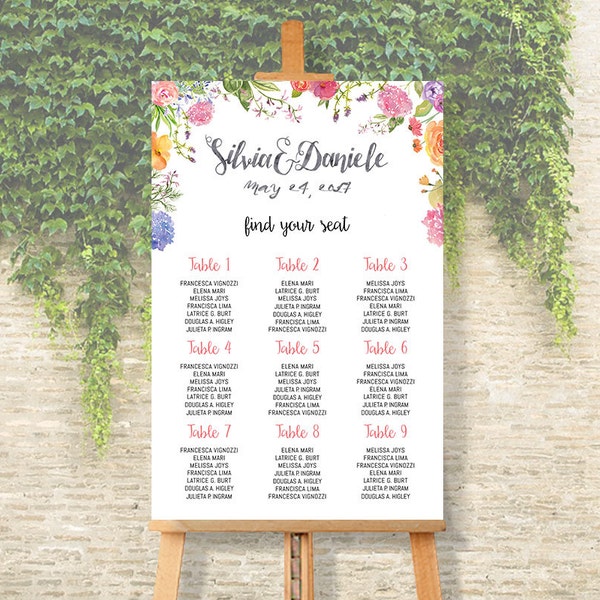 Personalized Printable Wedding Seating Chart, Wedding Table Plan - Wedding Floral Watercolor
