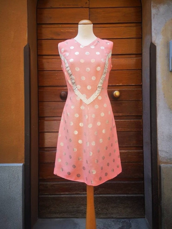Vintage 1960s Polka Dots Salmon Gold Mod Dress -