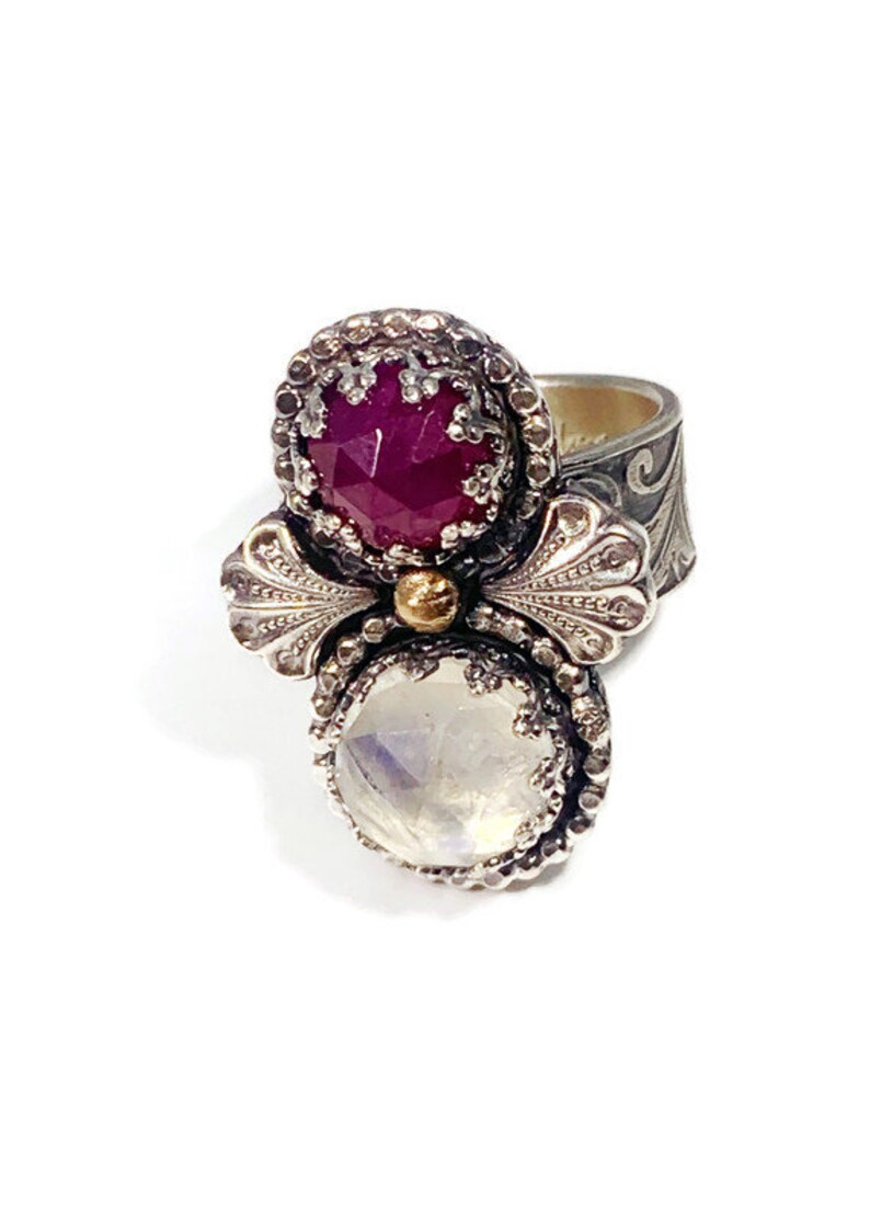 unique gemstone statement moonstone and ruby ring14k gold accentsvintage style jewelrywideband ring