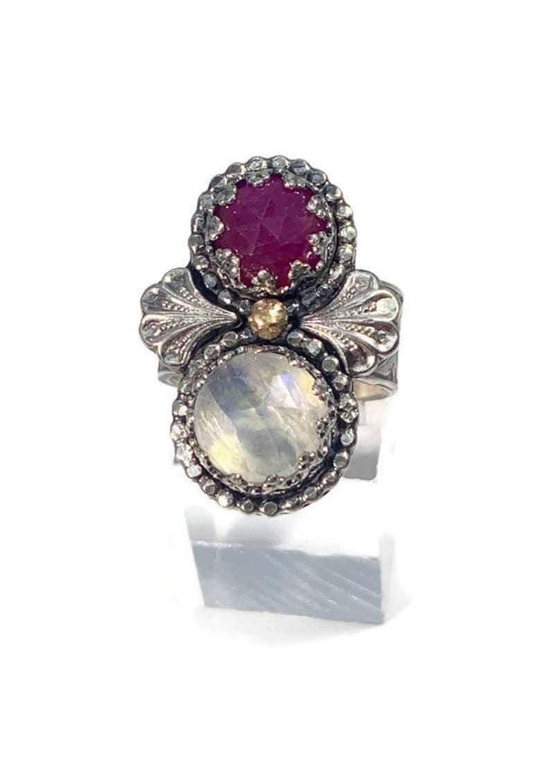 unique gemstone statement moonstone and ruby ring14k gold accentsvintage style jewelrywideband ring