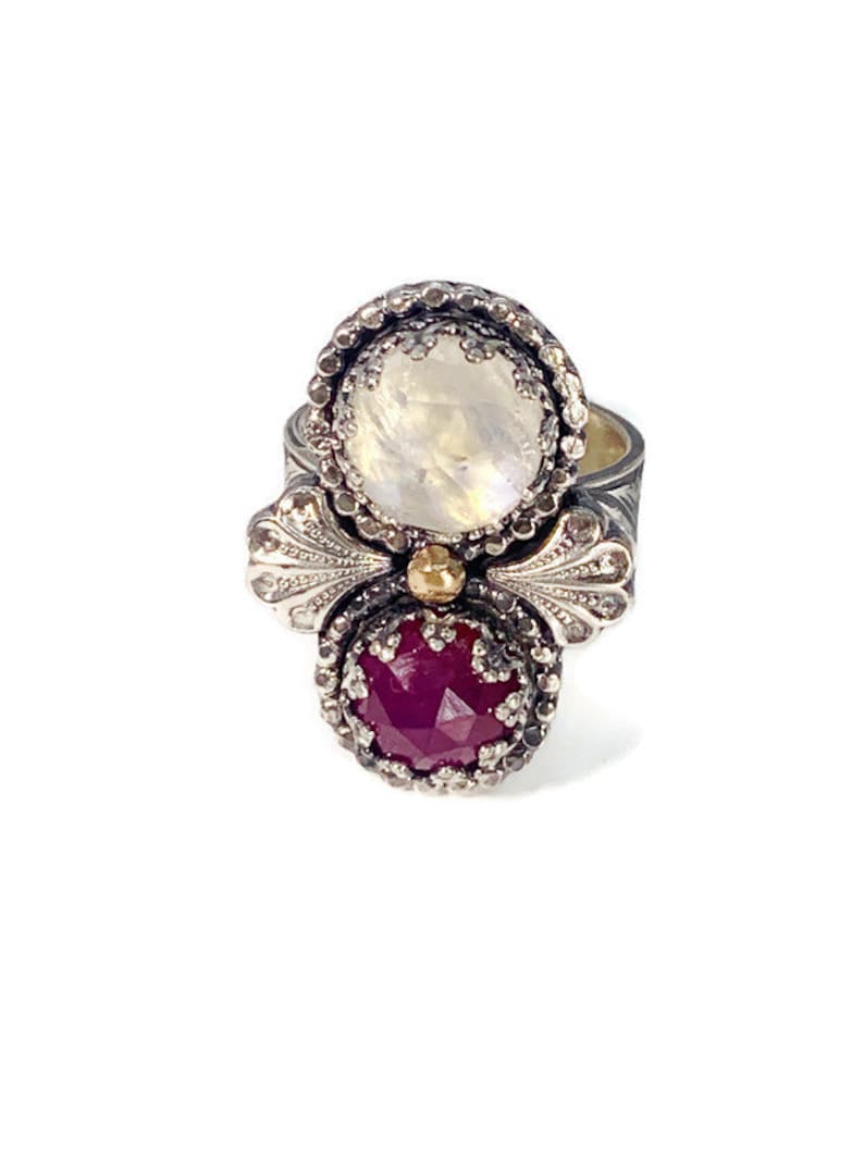 unique gemstone statement moonstone and ruby ring14k gold accentsvintage style jewelrywideband ring