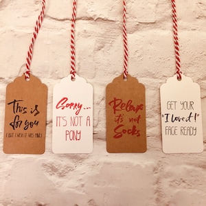 Christmas present labels, Christmas gift tags, hand stamped tags, humorous Christmas gift tags