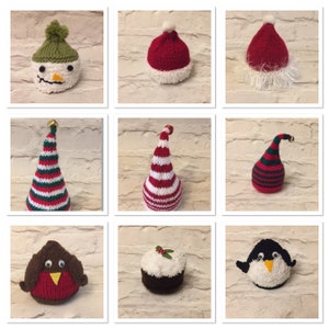 Handgestrickte schokoorange Bezüge/Badebombe Bezüge Weihnachten, Nikolausmütze, Christmas Pudding, Schneemann, Elfenmütze, Pinguin, Rotkehlchen