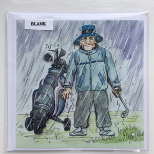 Golf sous la pluie, golfeur grincheux, carte de voeux de golf, découpage 3d, carte vierge, carte de retraite