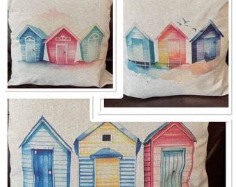 Beach hut cushion, beach hut cushion cover, cushion cover, linen mix cushion cover, seaside cushion cover, holiday home
