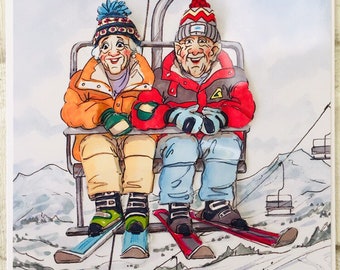 Skiing Christmas card, ski lift greetings, Xmas card, Wrinklies ski card