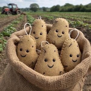 Puede incluir: Un saco de arpillera lleno de cinco adornos de patata sonrientes. Cada patata beige tiene una cara sonriente con ojos negros y una boca cosida. Se adjuntan lazos blancos para colgar. Un tractor trabaja en un campo en el fondo.