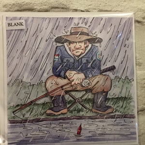 Pêche sous la pluie, pêcheur grincheux, collection de grincheux, carte 3D de découpage, carte de vieil homme grincheux, carte de retraite, carte de fête des pères