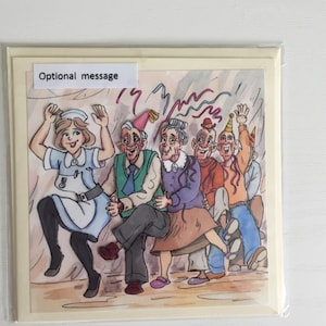 Verzorgingshuis conga-kaart, pensioenkaart, verjaardagskaart, decoupage 3D-effect, blanco kaart, optioneel bericht, Wrinklies-collectie
