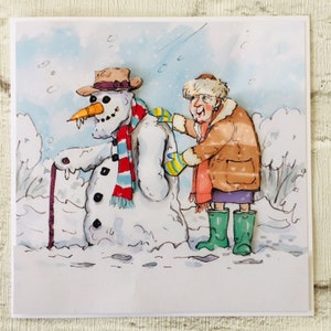 Snowman card, building a Wrinkly snowman, decoupage Christmas card, Seasons Greetings, funny snowman card
