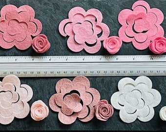 Flor de feltro cortada, flor de feltro cortada, flor de feltro para artesanato, conjunto de flores rosa, flores de feltro, flores cortadas faça você mesmo