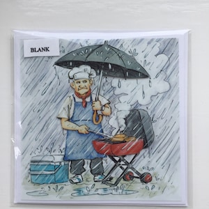 Barbecue sous la pluie, carte barbecue grincheux, carte d'anniversaire, carte de retraite, carte de découpage 3D, carte vierge