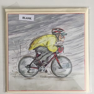 Carte de cyclisme, carte de cyclisme sous la pluie, carte de voeux, cycliste grincheux, carte 3D de découpage, carte de voeux vierge