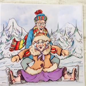 Schaatsende kerstkaart, seizoensgroeten, grappige rimpels schaatsen, decoupage, 3D