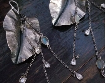 Sterling SIlver Leaf Earrings Drops of Labradorite and Crystals Shoulder Duster Earrings Statement Boho Style