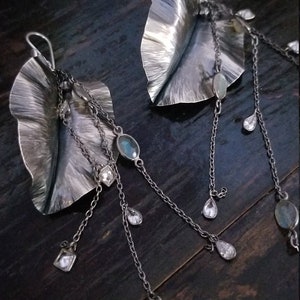 Sterling SIlver Leaf Earrings Drops of Labradorite and Crystals Shoulder Duster Earrings Statement Boho Style