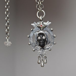Sterling Silver Carved Bone Skull Diamond Eye Repurposed Pendant Necklace