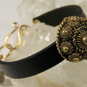 Button Leather Bracelet Antique Filigree Brass Button Boho Chic Vintage Cuff Bracelet Repurposed Jewelry