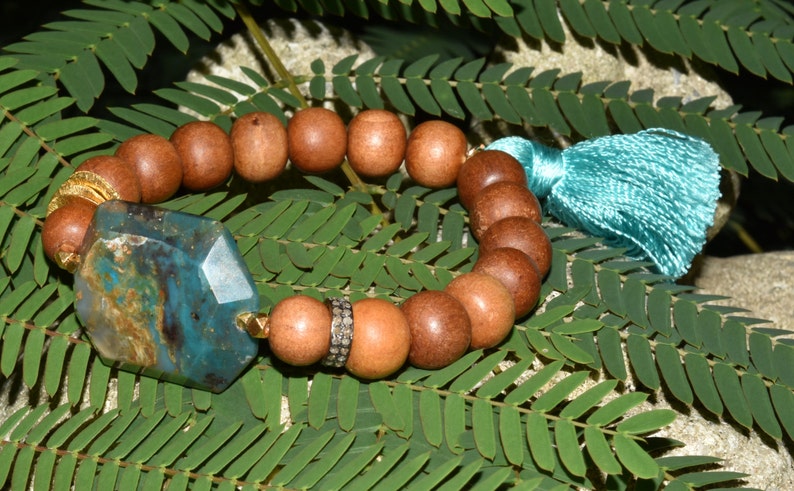 Blue Peruvian Opal Boho Pave Diamond Fragrant Sandalwood Stacking Bracelet Hill Tribe Tassel Jewerly