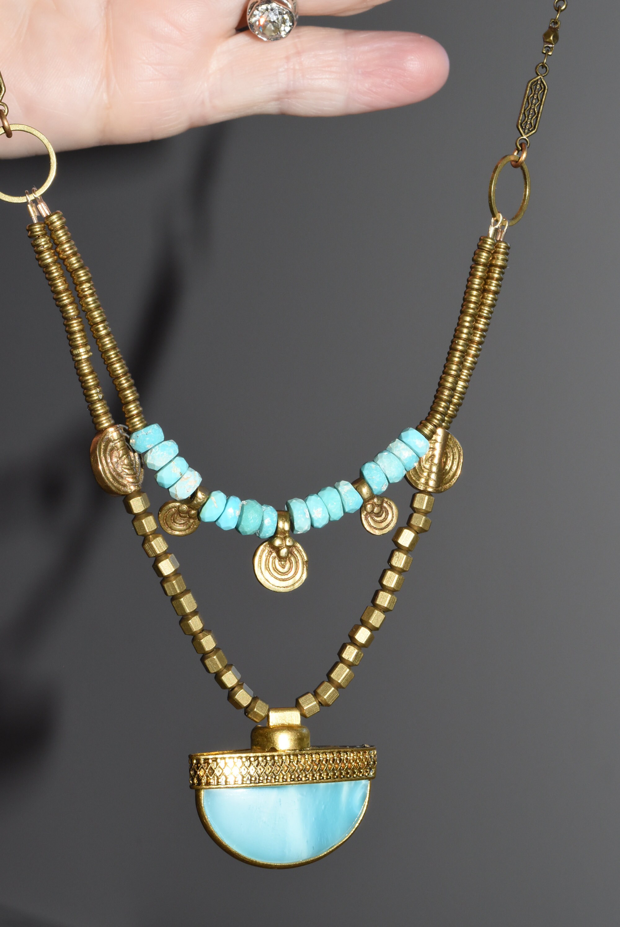 Boho Turquoise Necklace Vintage Czech Pendant Brass Beaded | Etsy