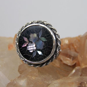 Antique Floral MOP Inlaid Sewing Button & Sterling Silver Statement Ring with Swirled Band sz 6