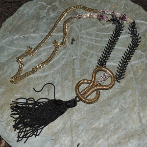 Repurposed Victorian Buckle Pendant Tassel Necklace Purple Crystals Black Gold Chain OOAK