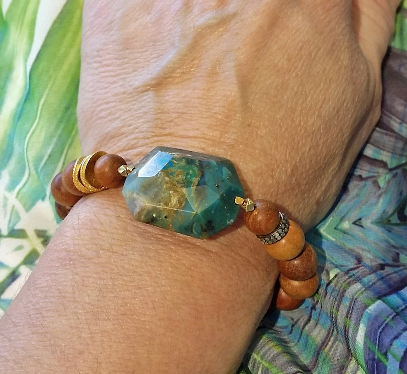 Blue Peruvian Opal Boho Pave Diamond Fragrant Sandalwood Stacking Bracelet Hill Tribe Tassel Jewerly
