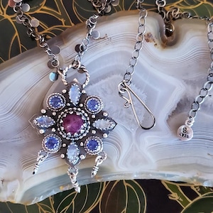 Star Ruby & Rainbow Moonstone and Tanzanite Sterling Silver Necklace