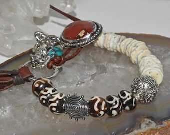 Red Jasper Namaste Bone & Ostrich Shell Bracelet Sterling Silver Buddha Boho Tassel Yoga Bracelet