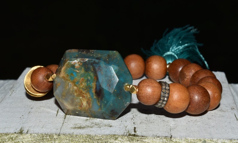 Blue Peruvian Opal Boho Pave Diamond Fragrant Sandalwood Stacking Bracelet Hill Tribe Tassel Jewerly