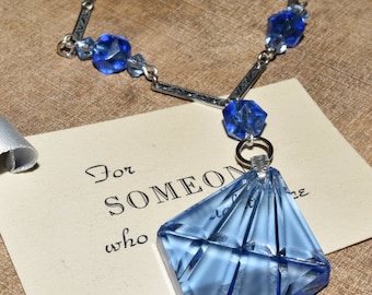 Vintage Art Deco Blue Faceted Glass Pendant Restored Necklace