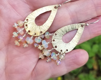 Golden Brass Hand Hammered Earrings Colorful Drops of Opals