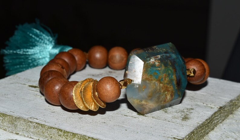 Blue Peruvian Opal Boho Pave Diamond Fragrant Sandalwood Stacking Bracelet Hill Tribe Tassel Jewerly