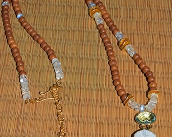 Boho Sandalwood Rainbow Moonstone Faceted Aqua & White Druzy Quartz Long Layering Necklace