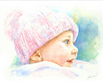 Custom Watercolor Baby Portrait, Hand-Painted Art