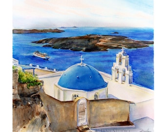 Fine Art Print of "Three Bells of Fira, Santorini"/ Santorini Print / Greece / Blue Domes of Santorini/ Architectural Print / 8 x 10 inches